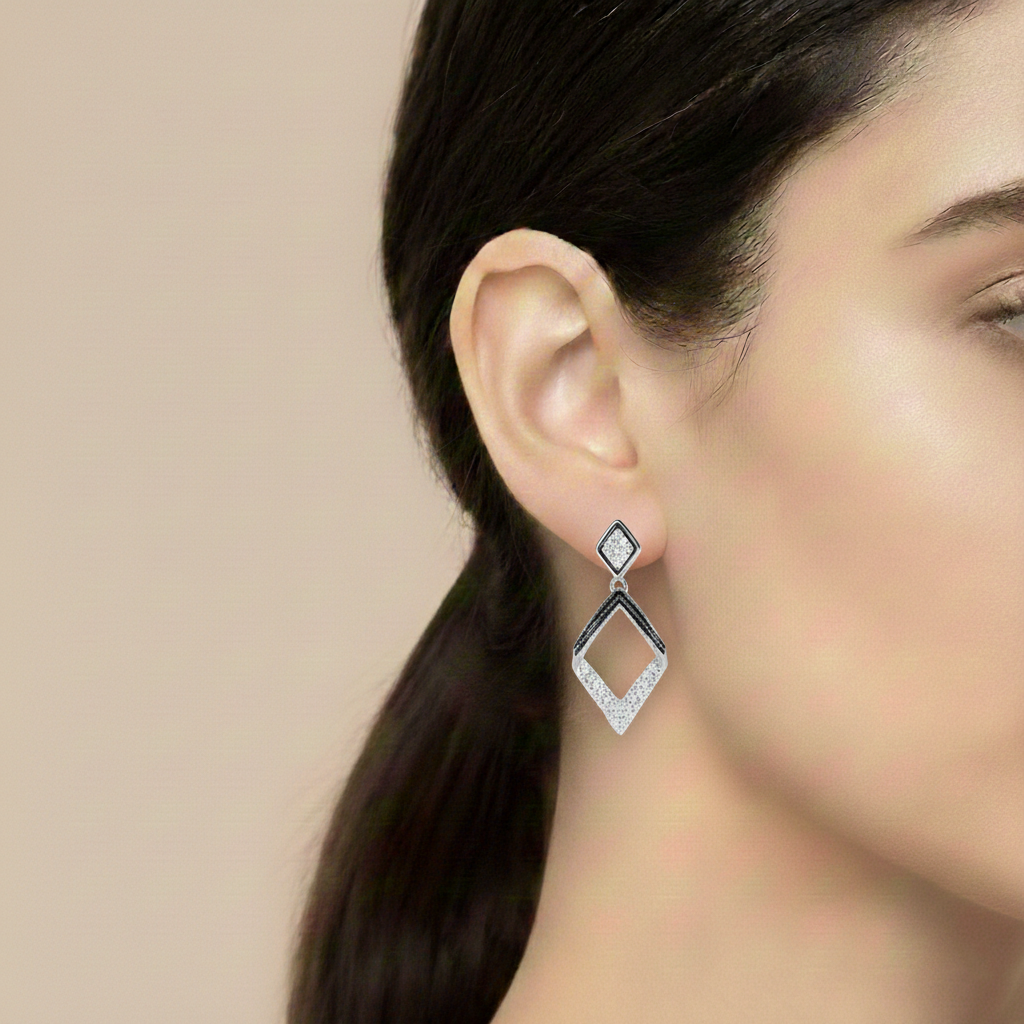 Dazzling Pave Diamond-Shape Silver Drop Earrings | Silver Earring For Women | Anniversary Gift