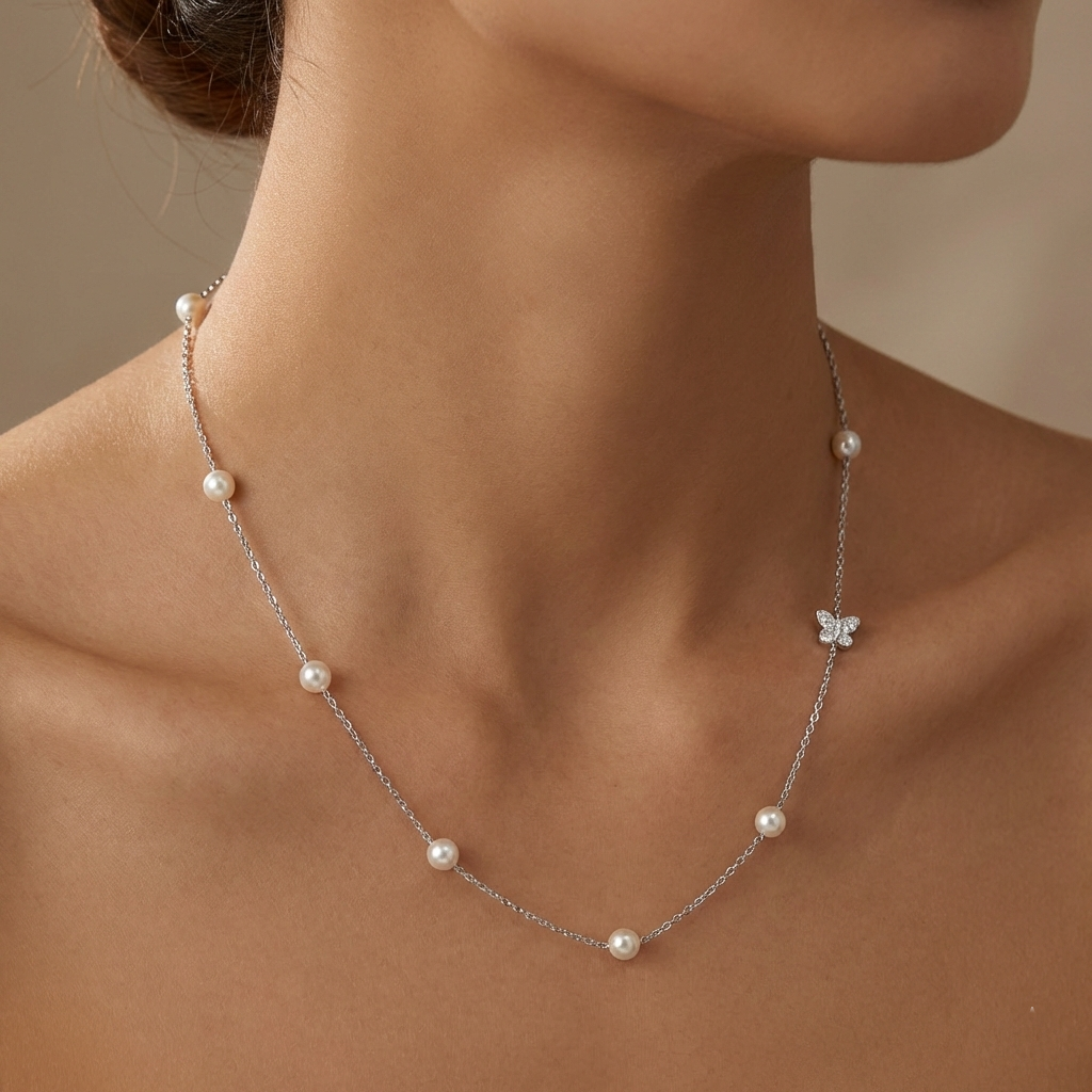 Dainty Butterfly and Pearl Silver Pendant | Butterfly Chain Pendant