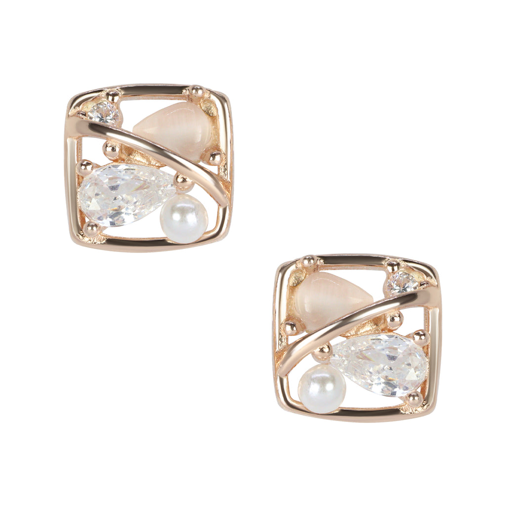 Modern Art Deco Pearl & Crystal Studs | 925 Silver Earring For women