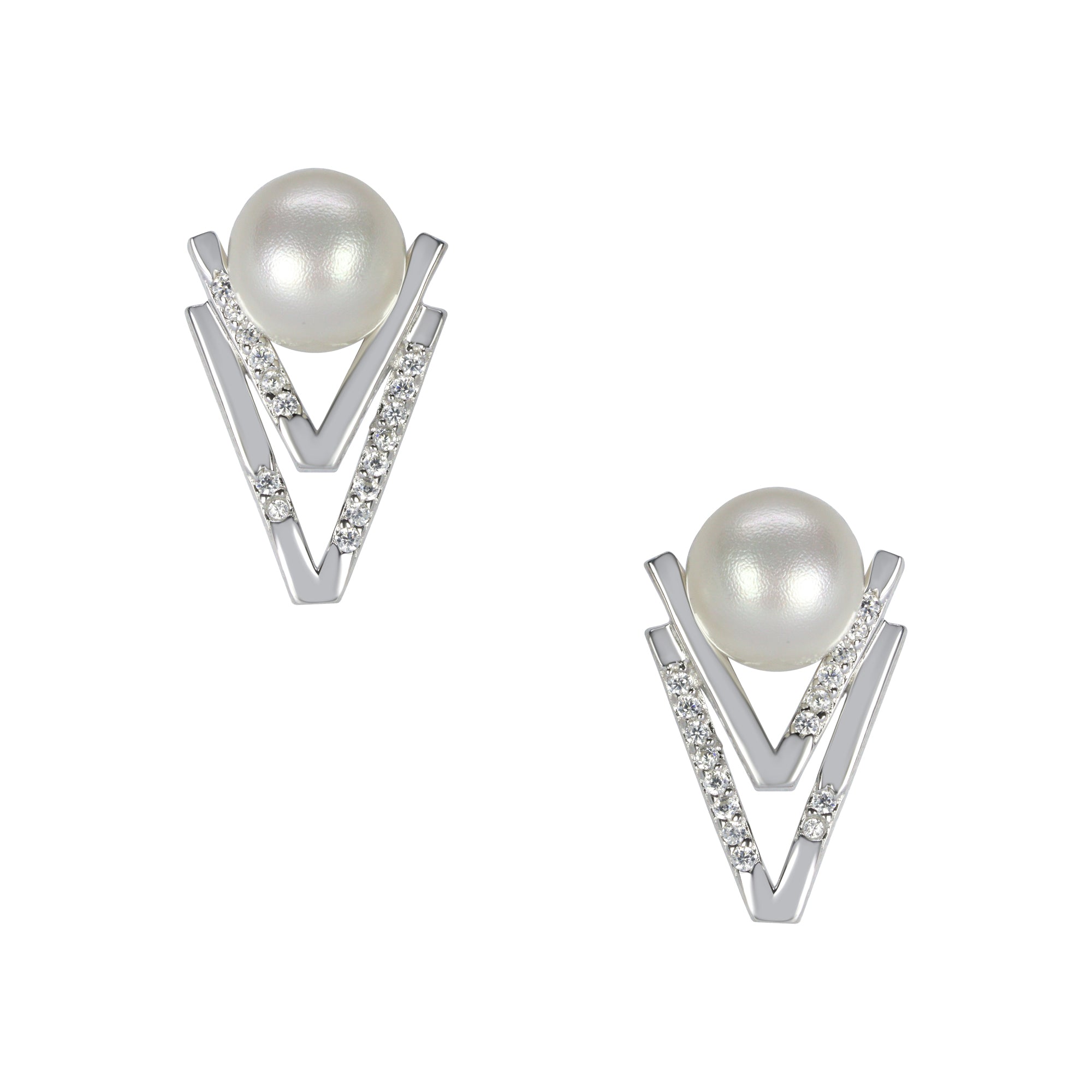 Modern V-Shape Pearl Studs | 925 Silver Earring
