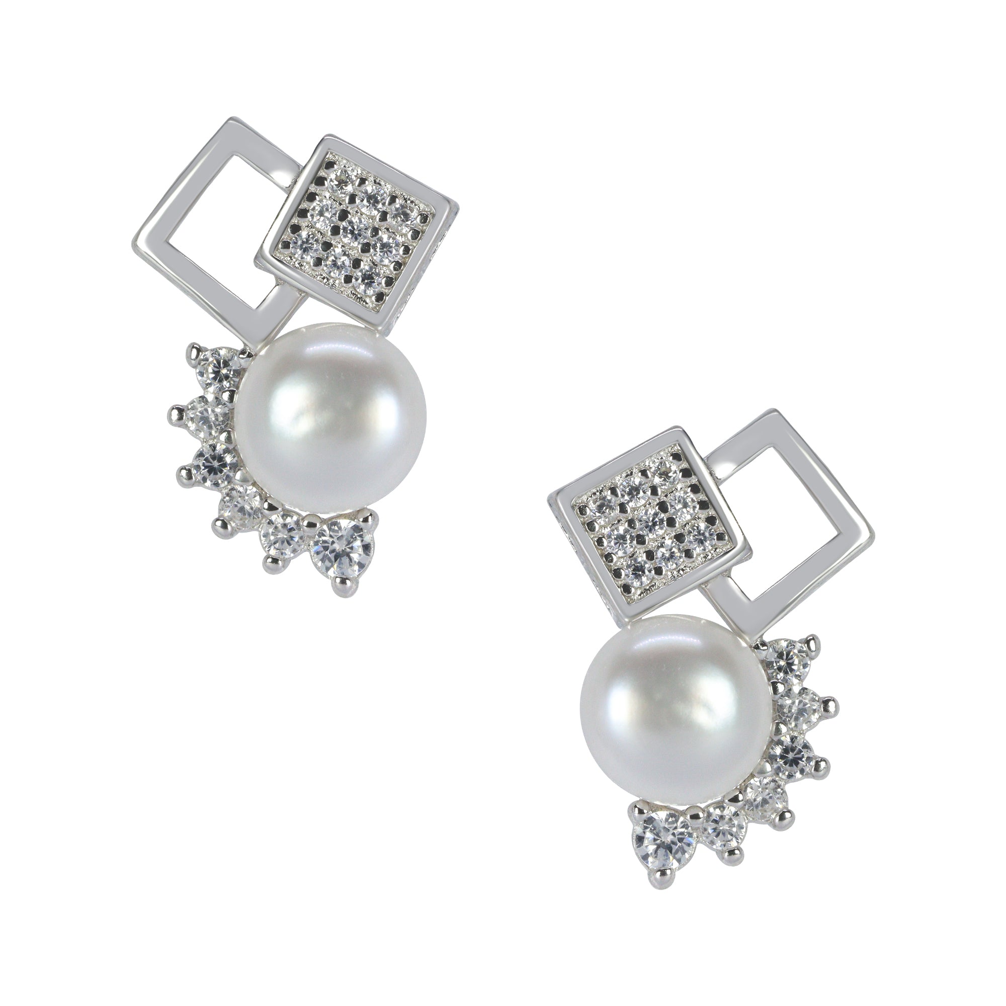 The Perfect Blend: Modern Cube & Classic Pearl Earrings | 925 Silver stud Pearl Earring
