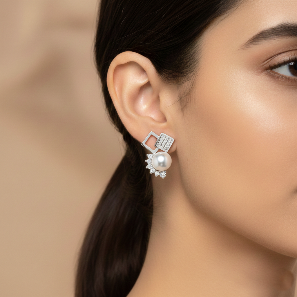 The Perfect Blend: Modern Cube & Classic Pearl Earrings | 925 Silver stud Pearl Earring