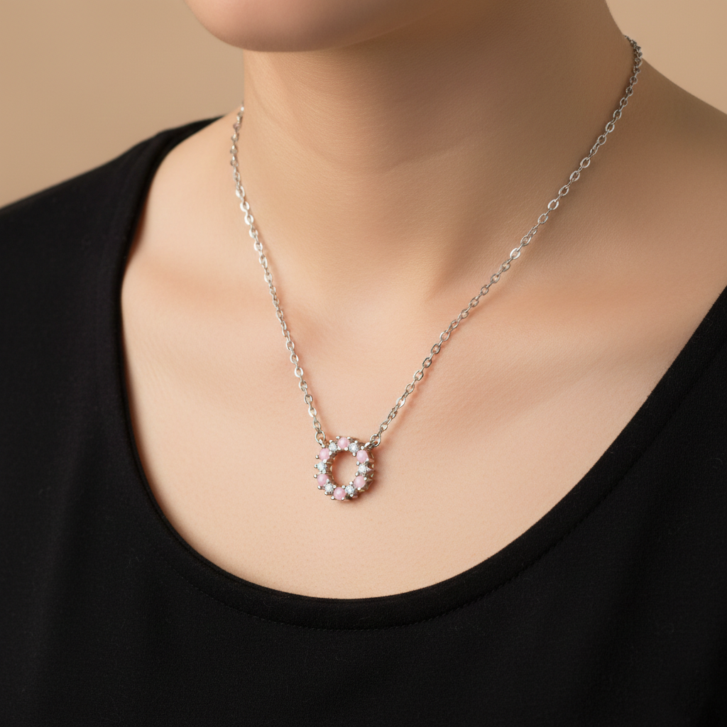 Pink Petal Halo Silver Necklace | Silver Pendant For Women