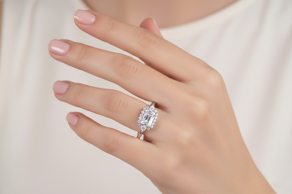 Silver Emerald Cut Halo Ring