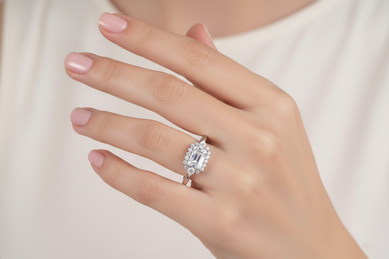 Silver Emerald Cut Halo Ring