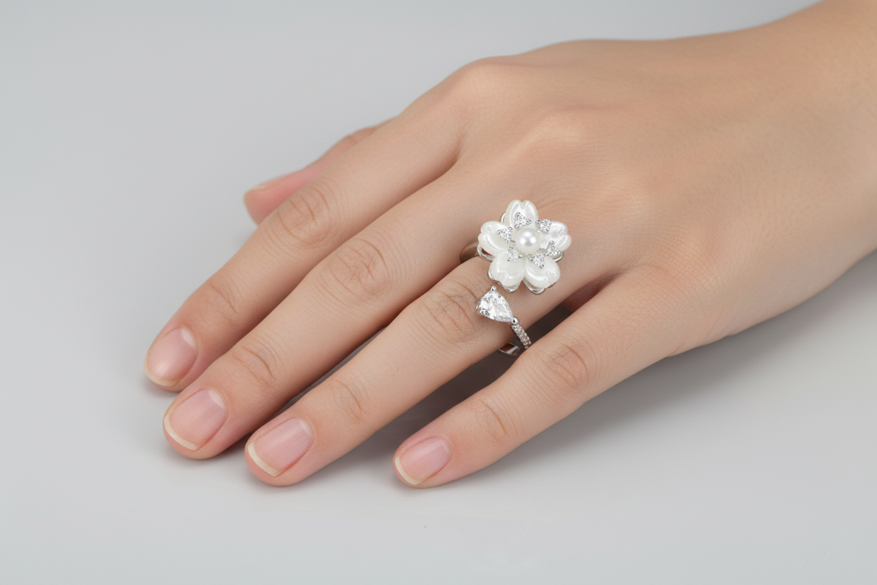 Elegant Pearl Blossom Silver Ring