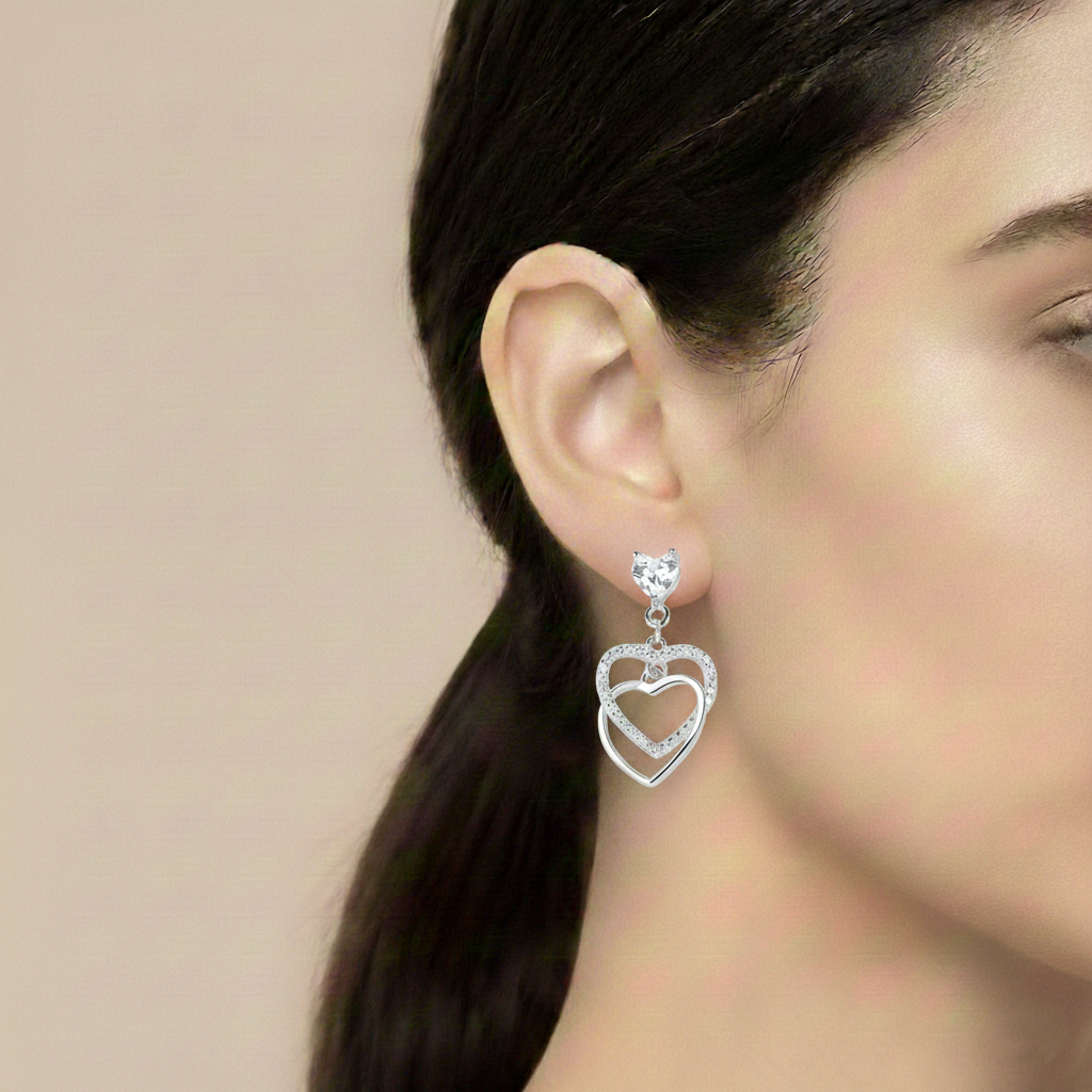 Romantic Interlocking Heart Dangle Earrings | Silver Heart Earring for Women | Valentine Gift