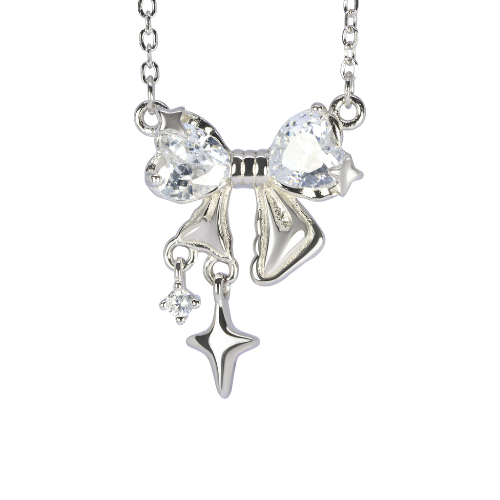 Kiss Bow Silver Necklace | 925 Silver Heart Pendant