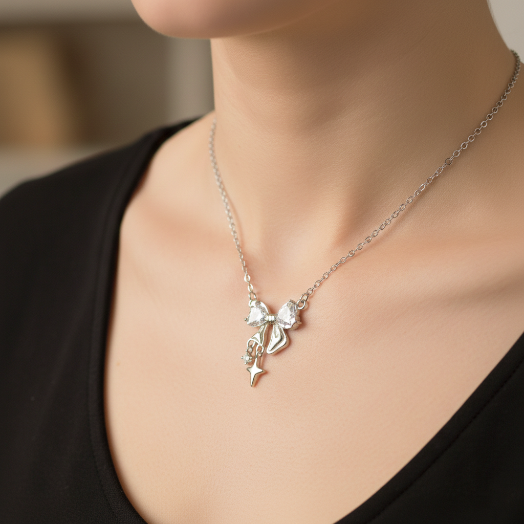 Kiss Bow Silver Necklace | 925 Silver Heart Pendant