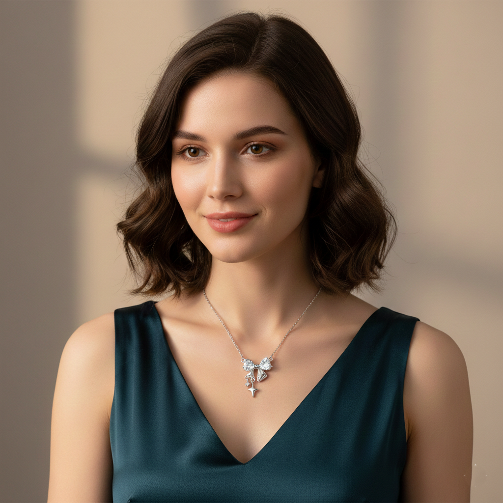 Kiss Bow Silver Necklace | 925 Silver Heart Pendant