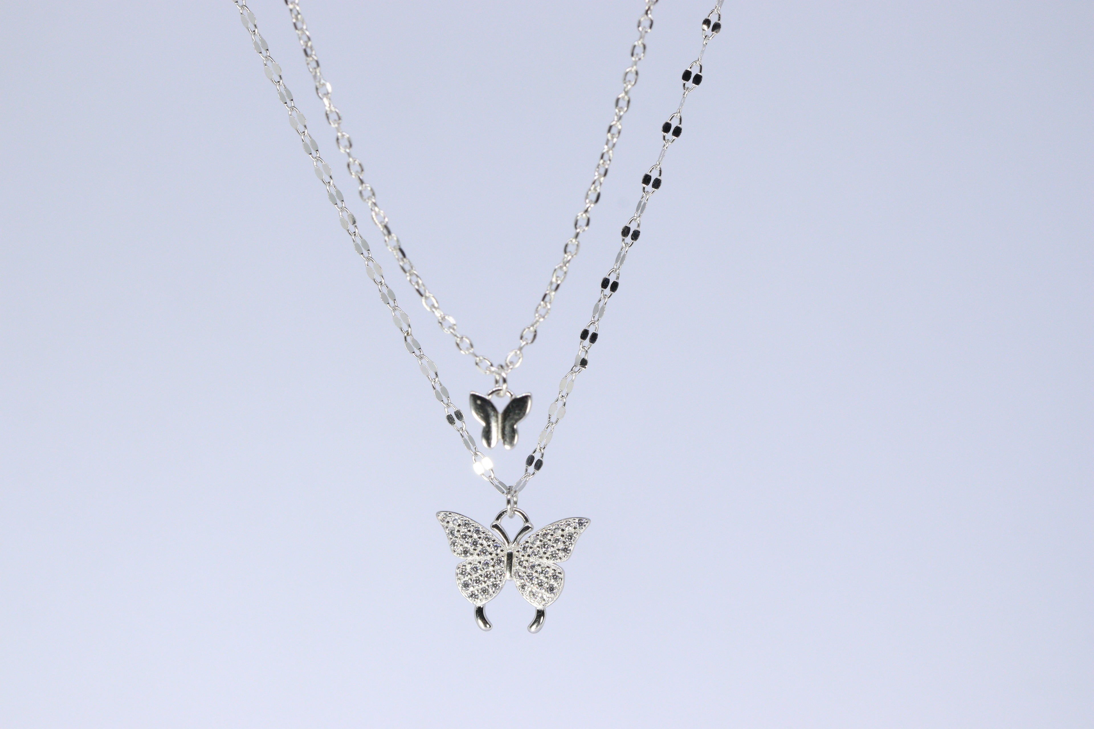 Fluttering Layers Butterfly Silver Necklace
