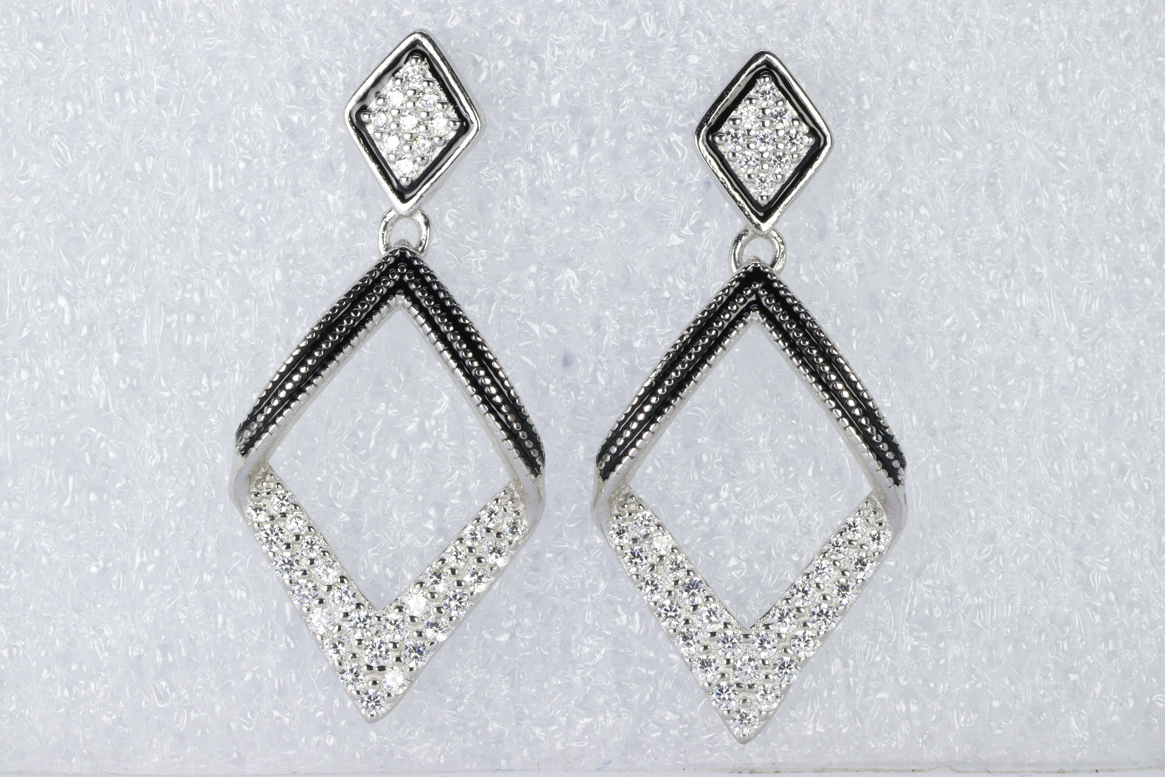 Dazzling Pave Diamond-Shape Silver Drop Earrings
