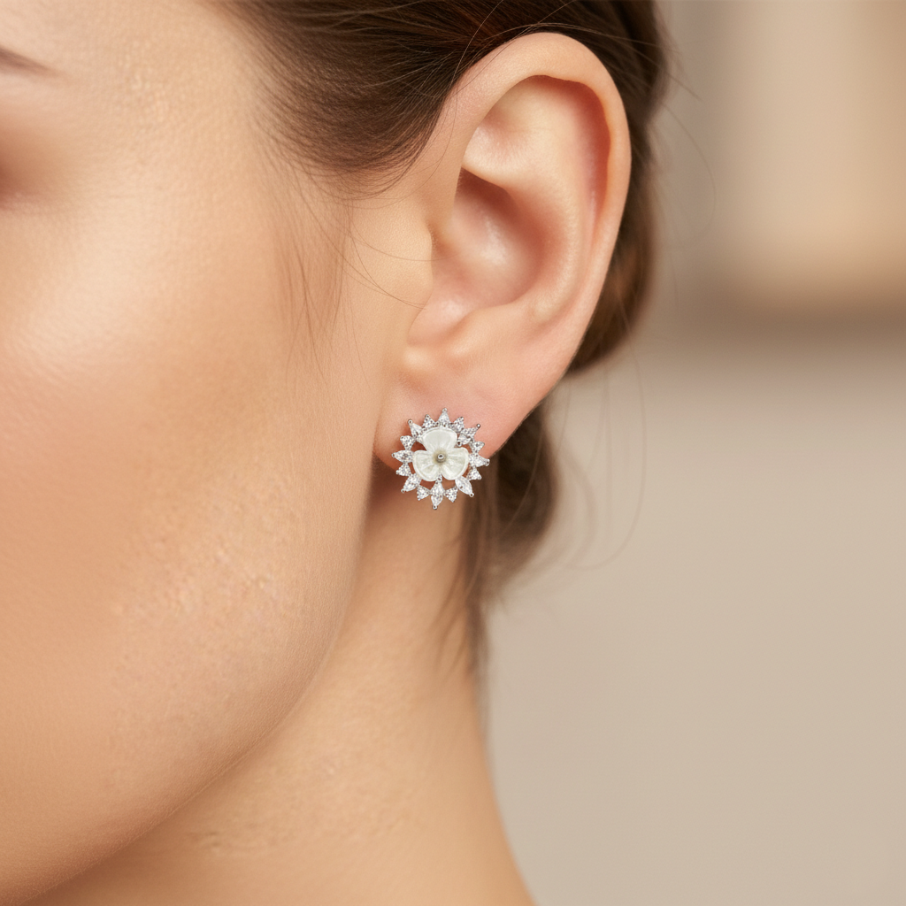 Celestial Grace: Pearl Flower Starburst Earrings | Pearl Silver Earring for women