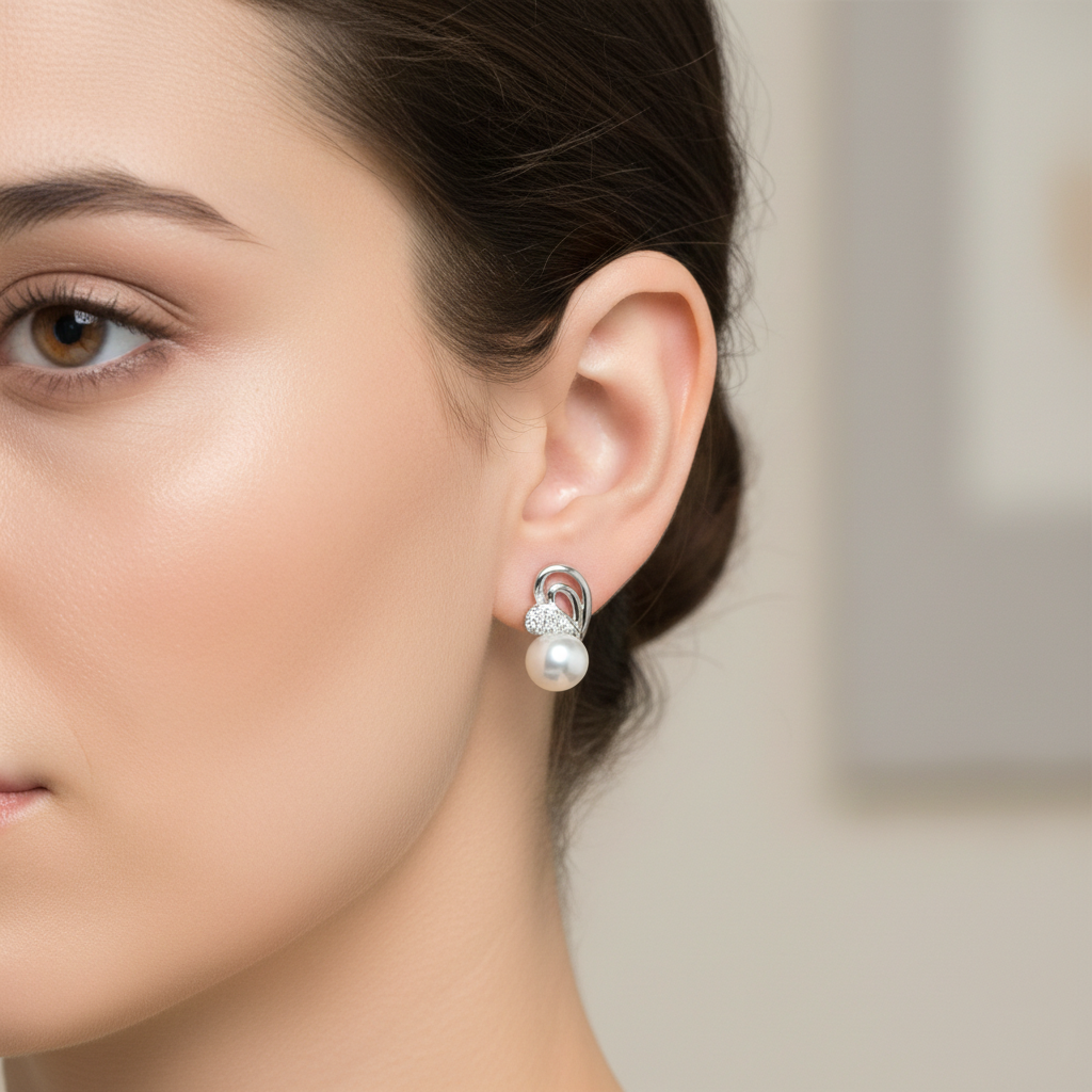 Graceful Wave Sterling Silver Pearl Studs | 925 Silver Earring for Women