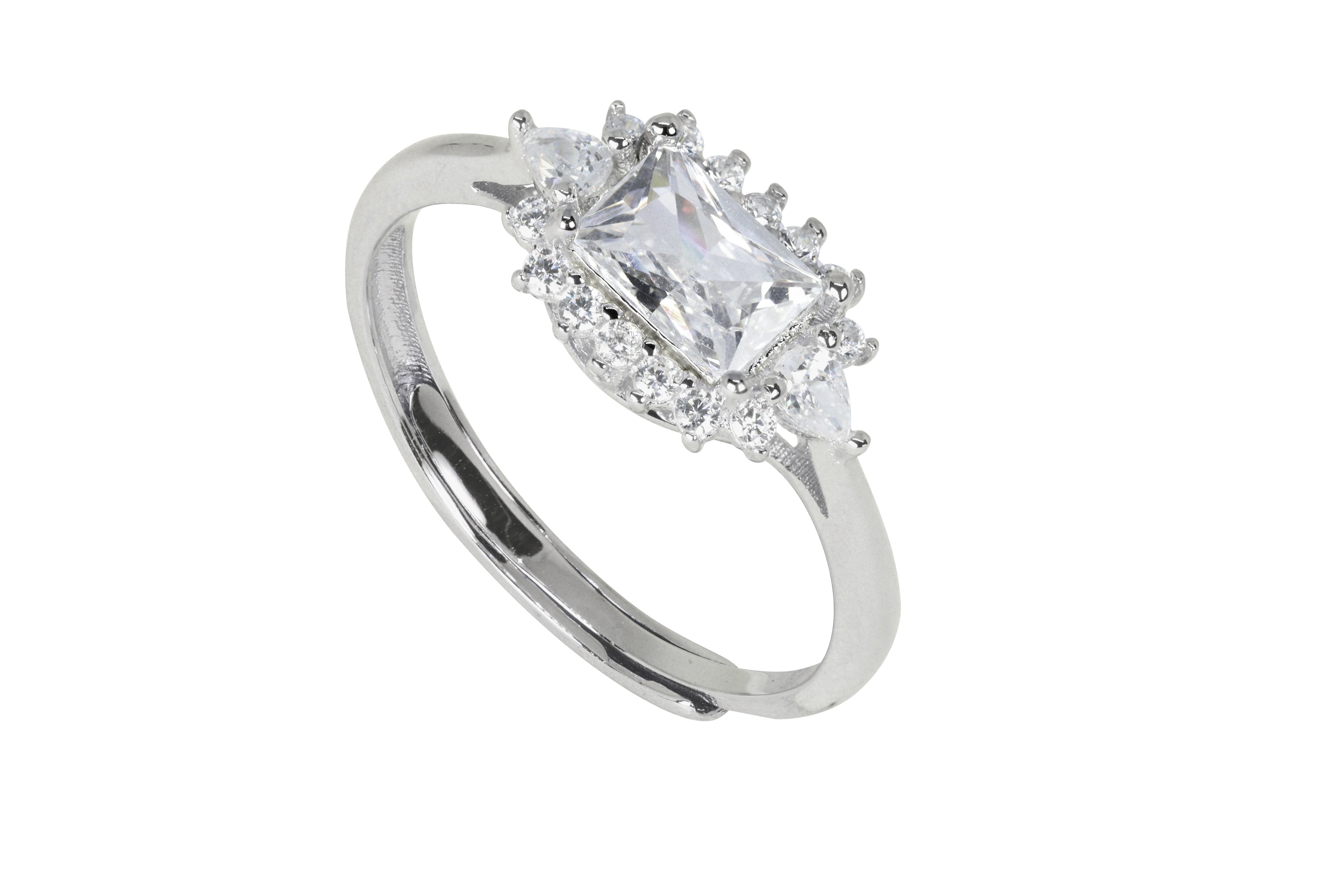 Silver Emerald Cut Halo Ring