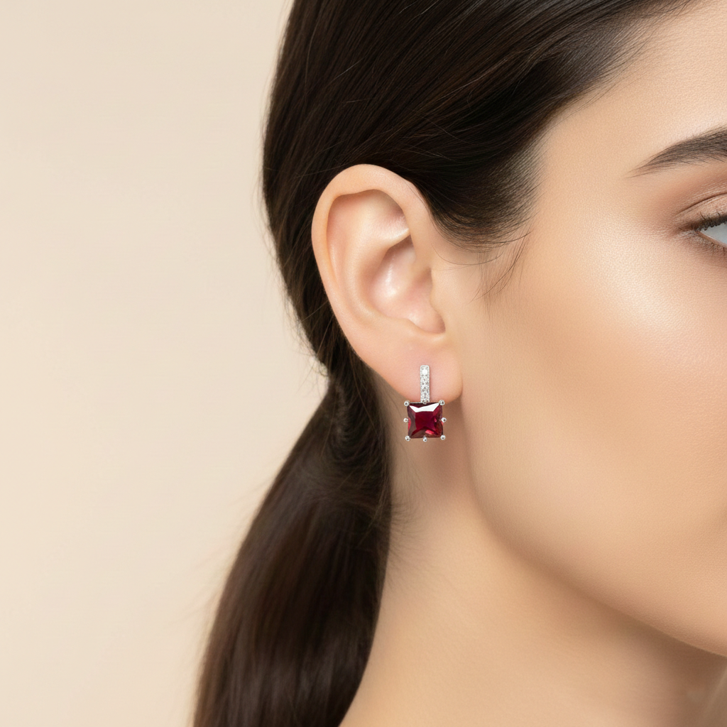Dangling Red stone sterling Silver Studs | 925 Silver Stud Earring for women